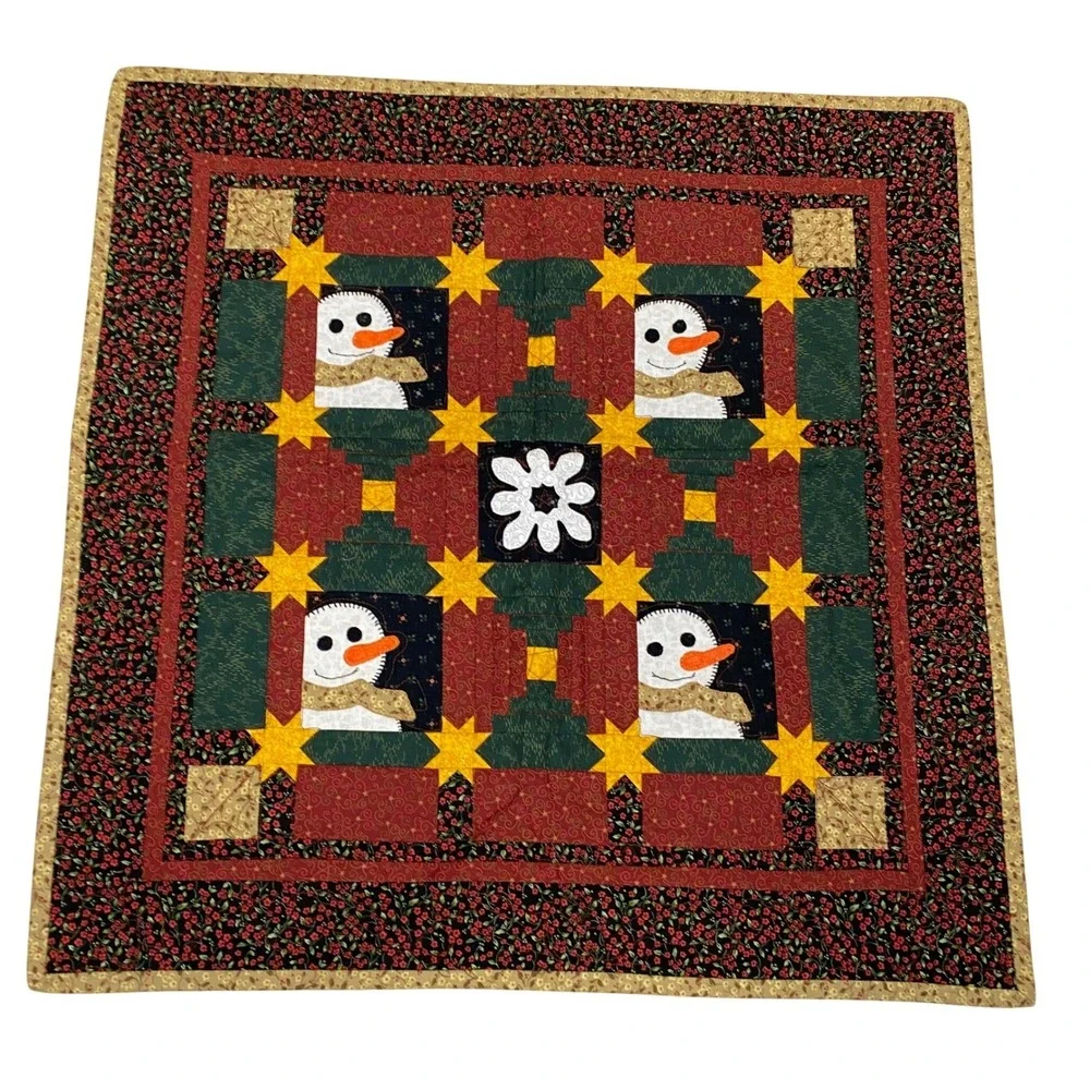Handmade Christmas Snowman Quilt Table Topper 27x27 Holiday Patchwork Decor